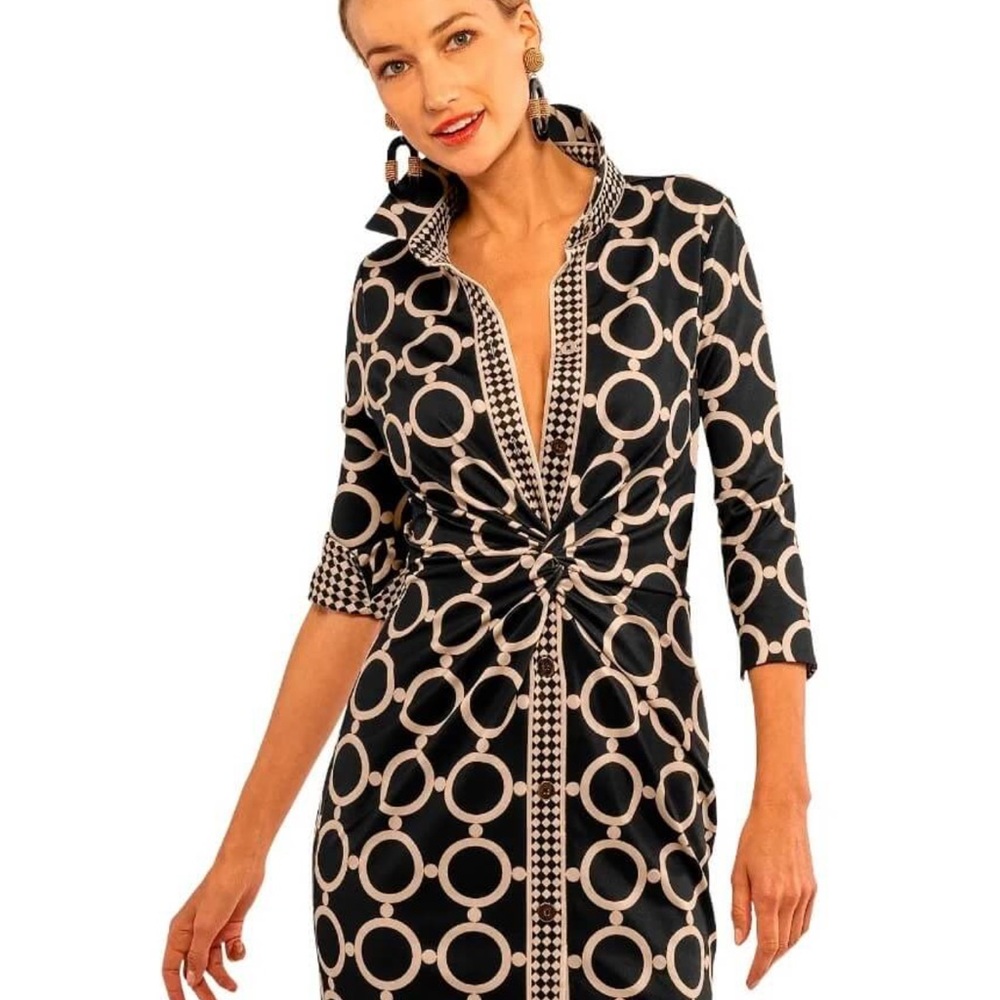Chic Black and White Geometric Print Dress and Pants Set
